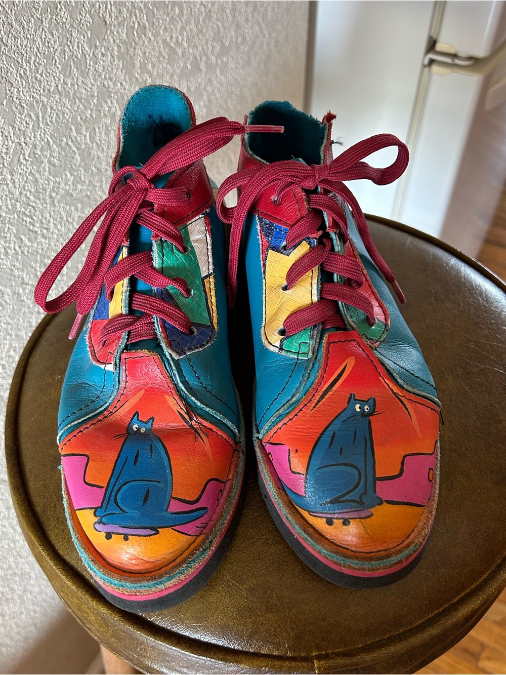 Colorful Hand-Painted Cat Leather Oxfords with Pink Laces